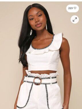 Lulu's White and Black Linen Embroidered Crop Top